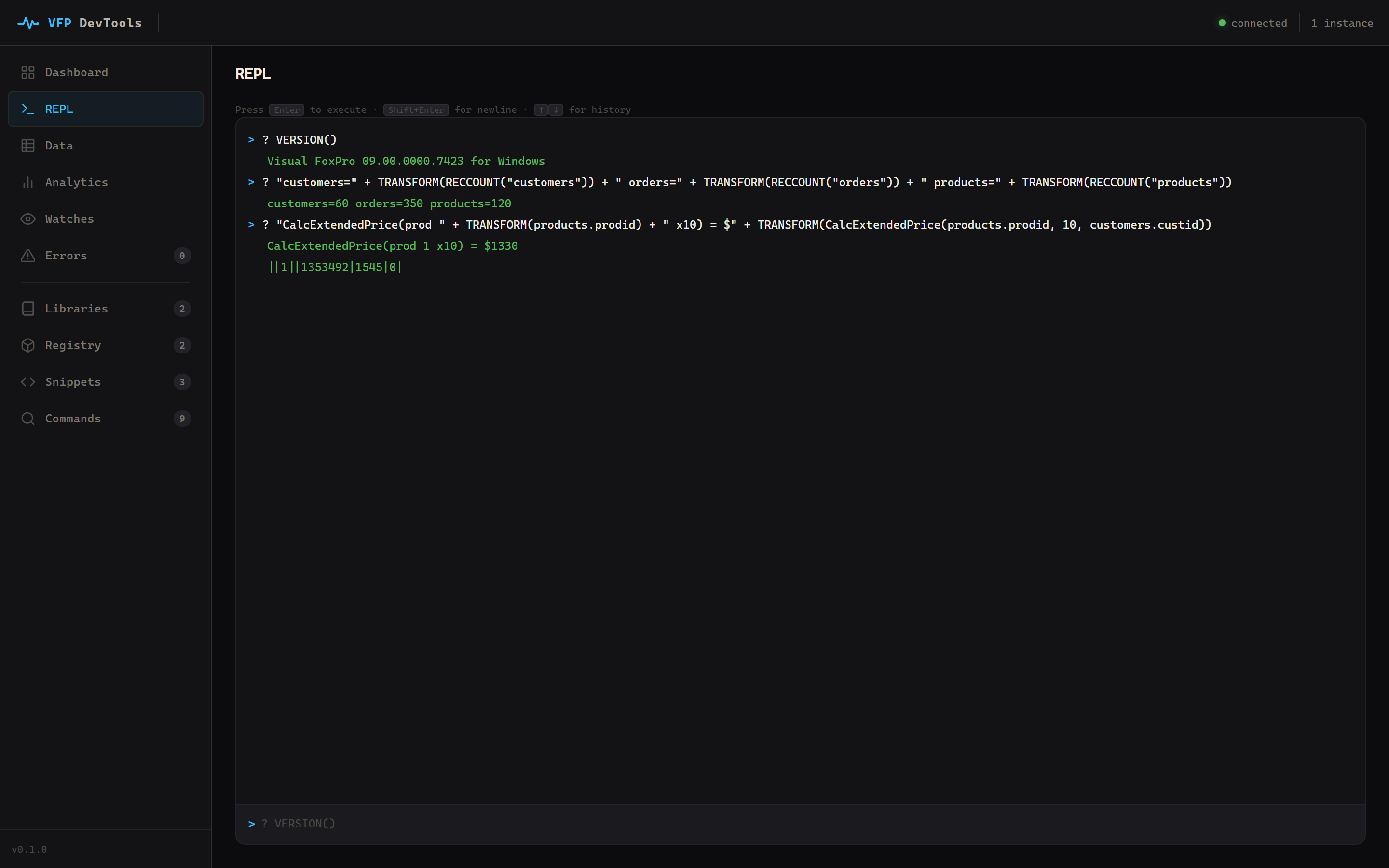 The browser REPL running FoxPro against the live app: VERSION, live row counts, and a call into the app's own pricing engine, each returning a real result