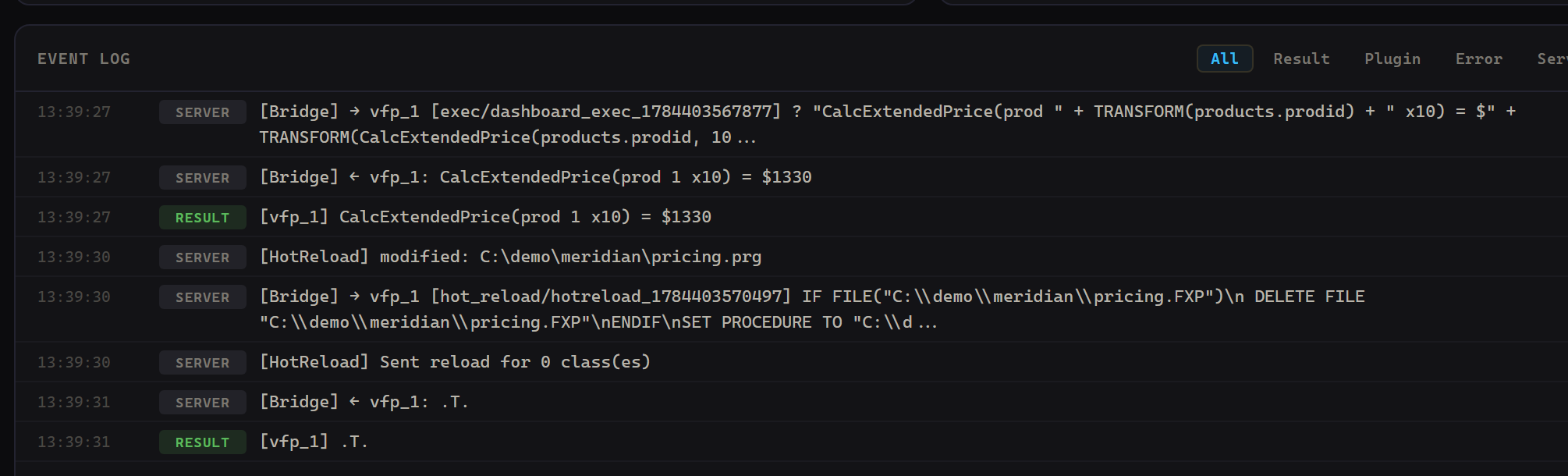 The event log showing a live hot-reload: a price returns $1330, then pricing.prg is saved and hot-reloaded in the running app with no restart