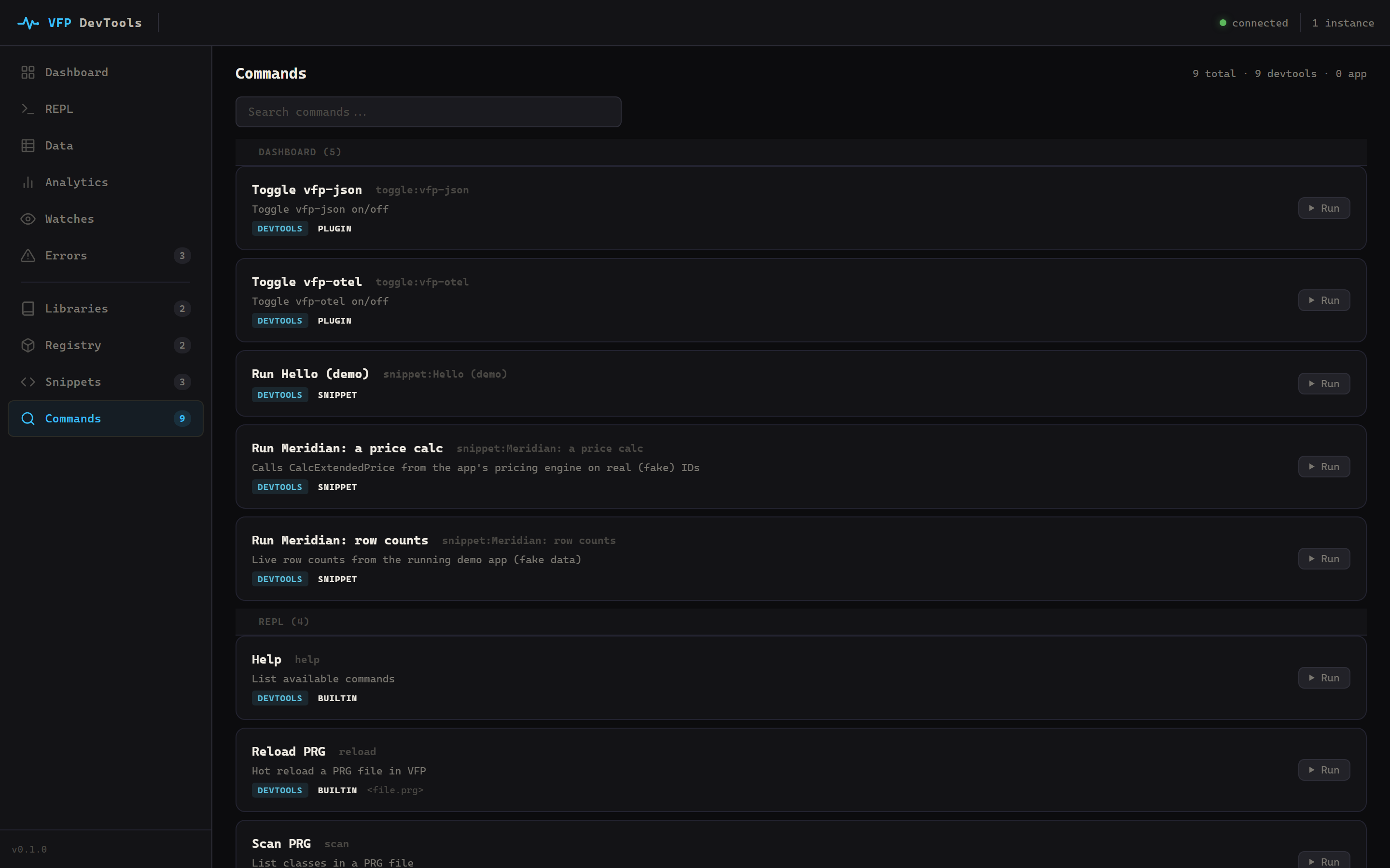 The Commands palette: a searchable list of registered commands grouped by source, each with a Run button and scope badges