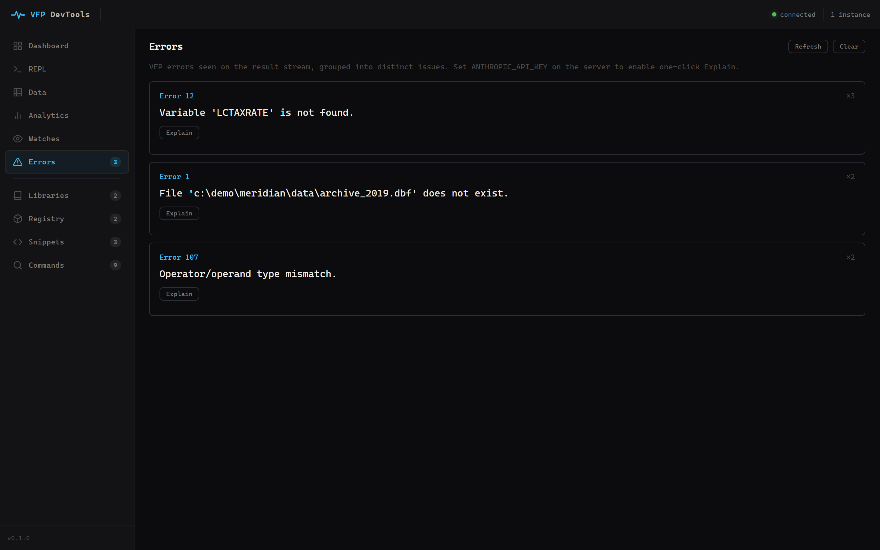 The Errors page: VFP errors grouped into distinct issues by fingerprint, each with an occurrence count, a scrubbed message, and an Explain button