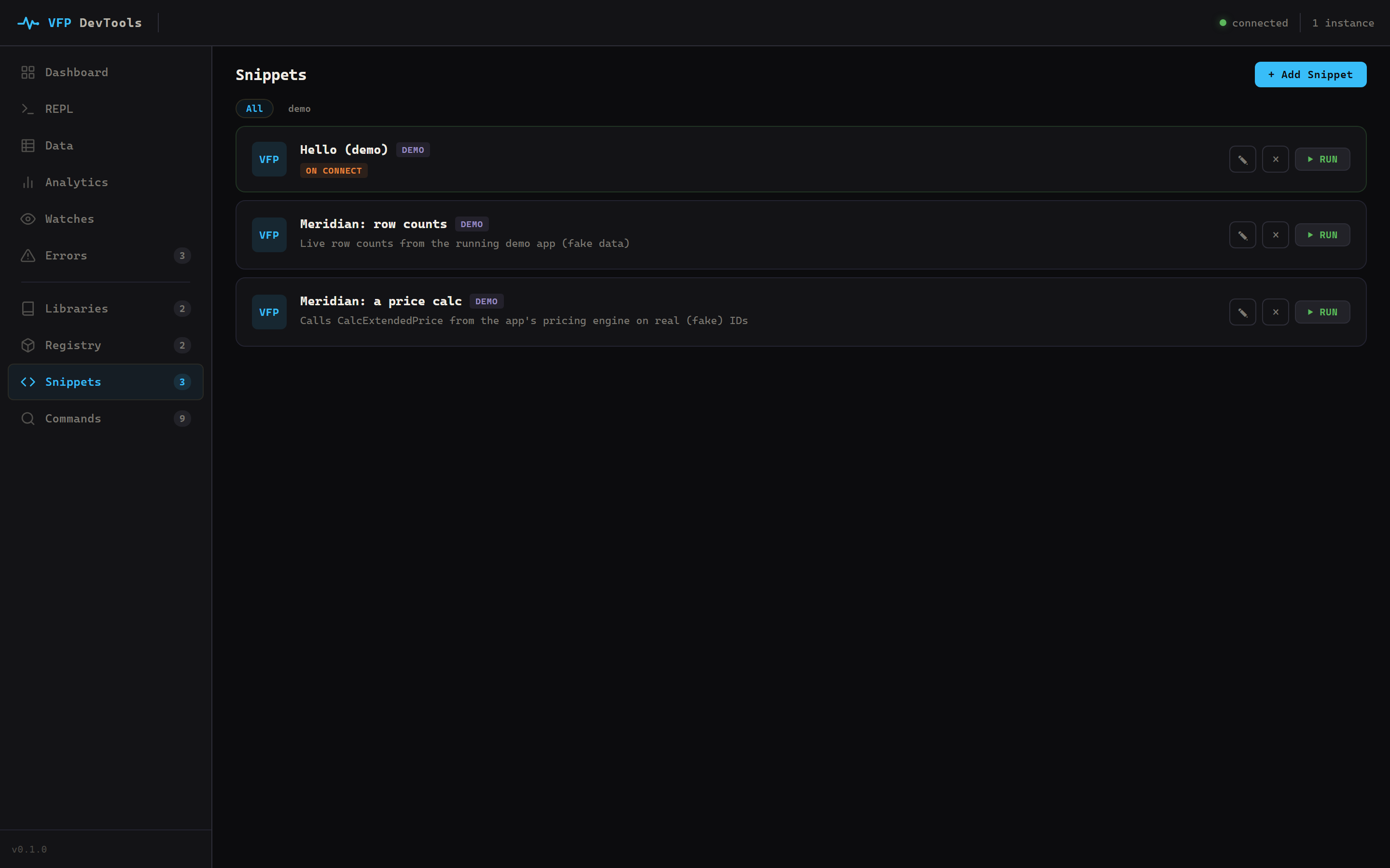 The Snippets page: saved FoxPro snippets grouped by category, each runnable against the live app